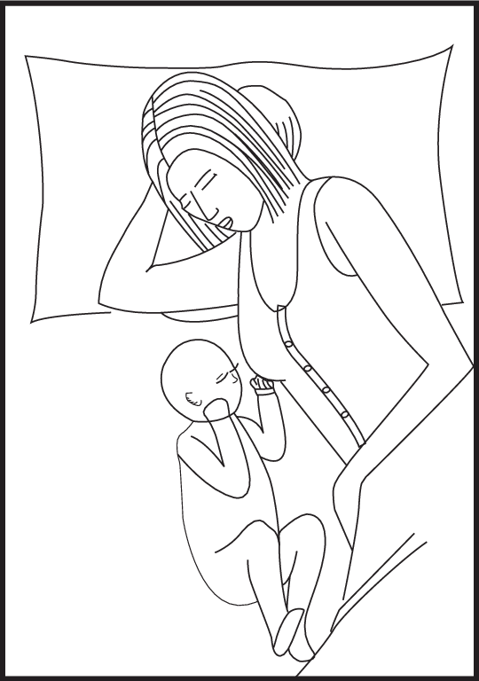 Dessin d'une maman allongée dans son lit avec son bébé positionnée au niveau de sa poitrine.